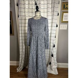 Navy Blue and White Floral Long Sleeve Smocked Maxi Dress Size XL